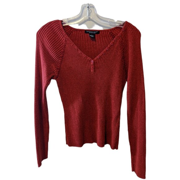 Vintage Y2K Rust Red Ribbed V-Neck Sweater Knit Top Cotton School Bella Swan L - Picture 8 of 10